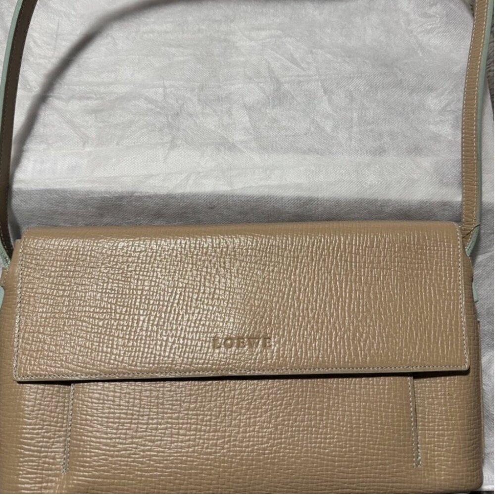 LOEWE Pebbled Leather Shoulder Bag Beige Light Blue Accents Silver Hardware